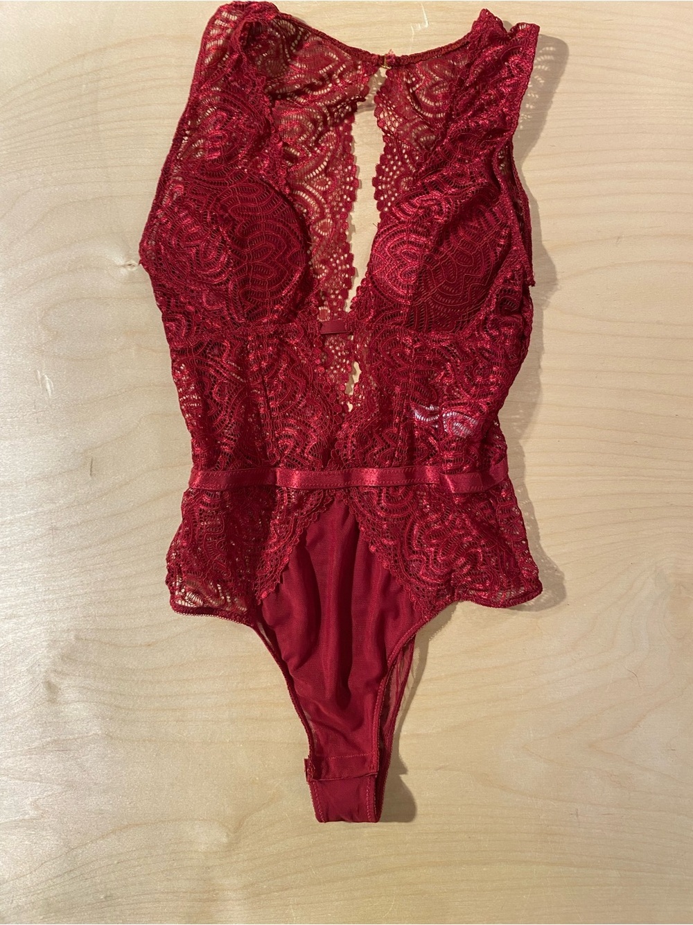Real Lingerie Lace Plunge Bodysuit in Deep Red Small (RK)